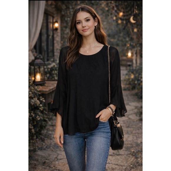 Zara Tops - Zara Woman Black Semi Sheer Bell Sleeve Whimsigoth Blouse S Witchy Romantic Goth